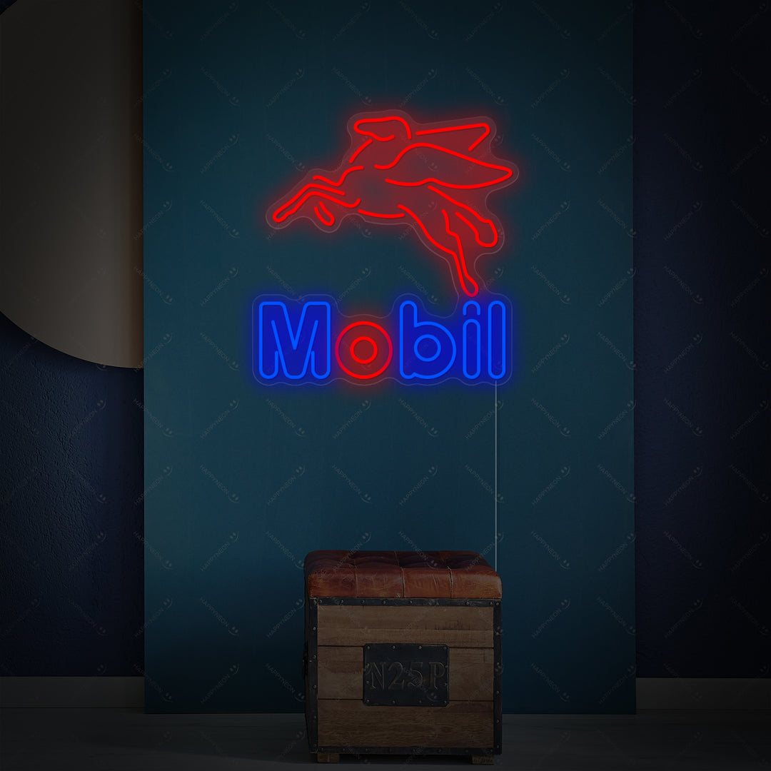"Mobil, Olje Gass Butikk" Neonskilt