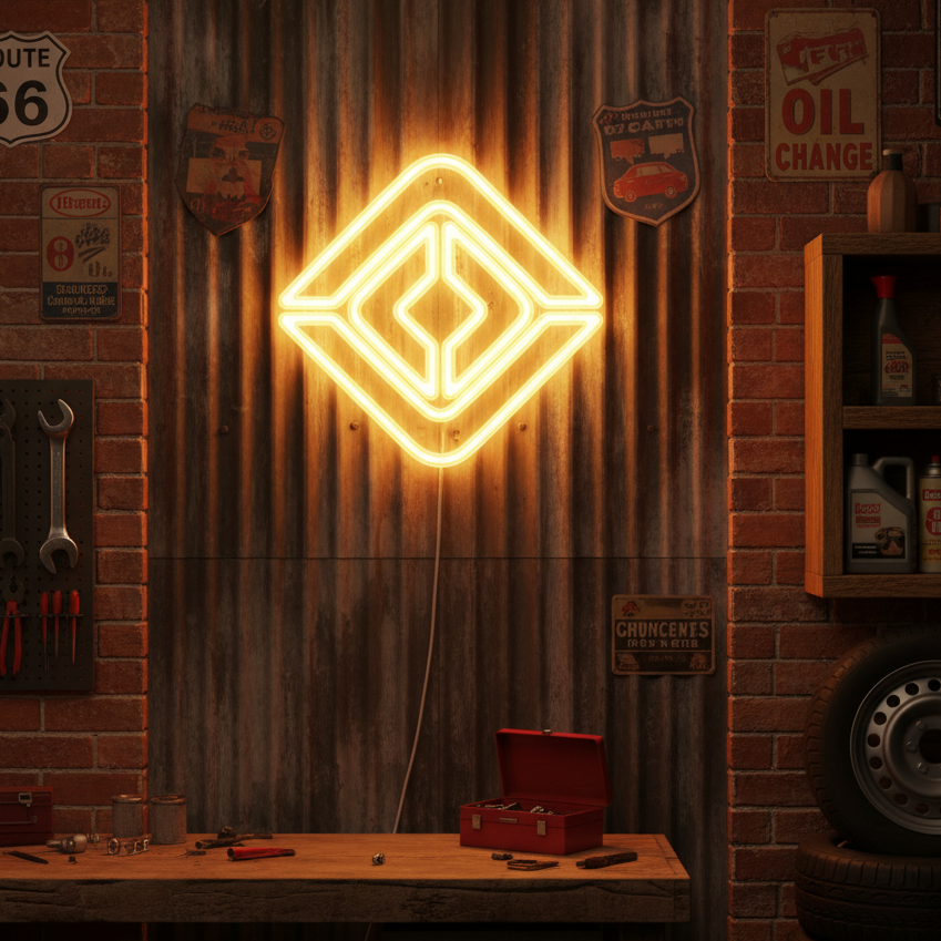 Yellow Rivian diamond logo neon sign, perfect for EV enthusiasts and garage decor.