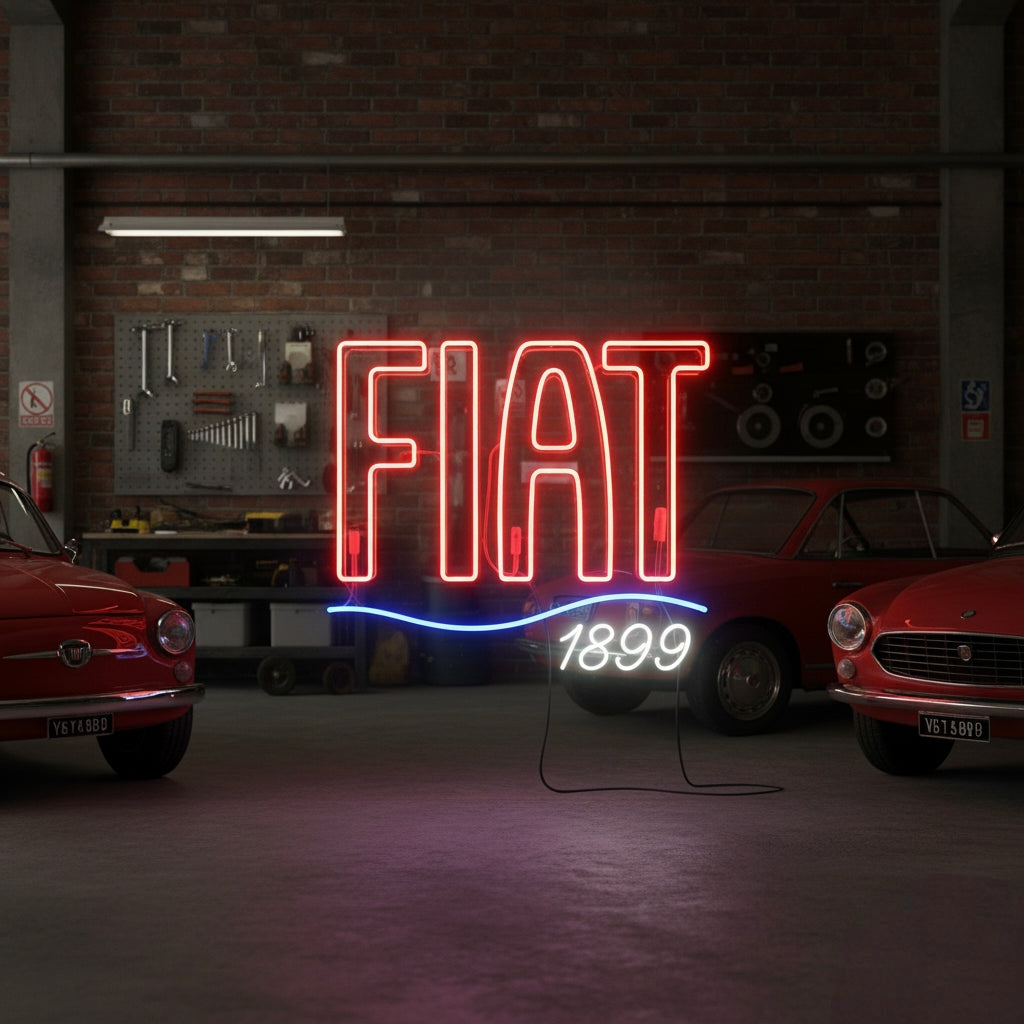 Red and blue Fiat neon sign with “1899” text, perfect for Italian car fans and classic garages.