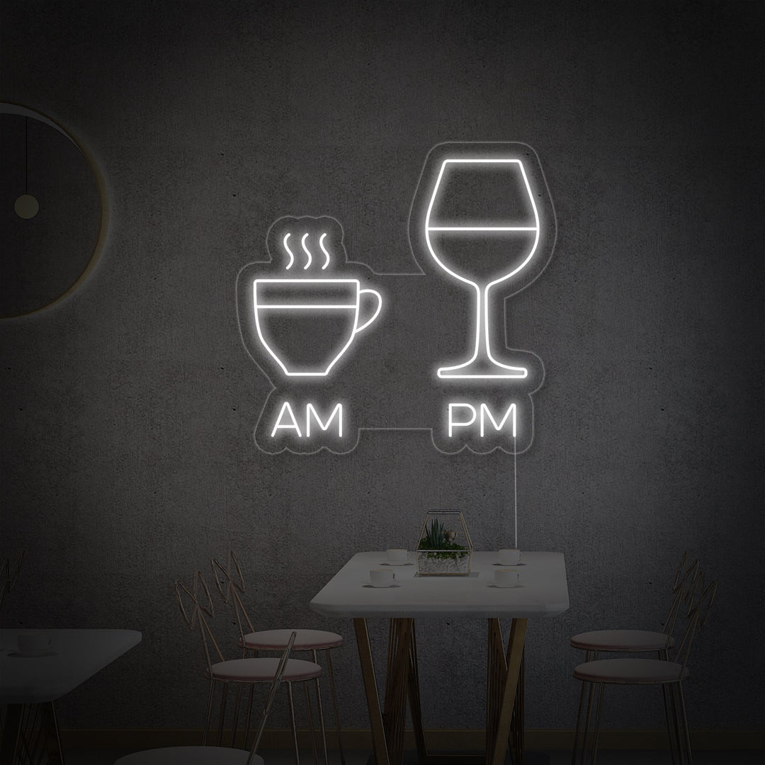 "AM, PM, Kaffekopper, Vinglass, Bar" Neonskilt