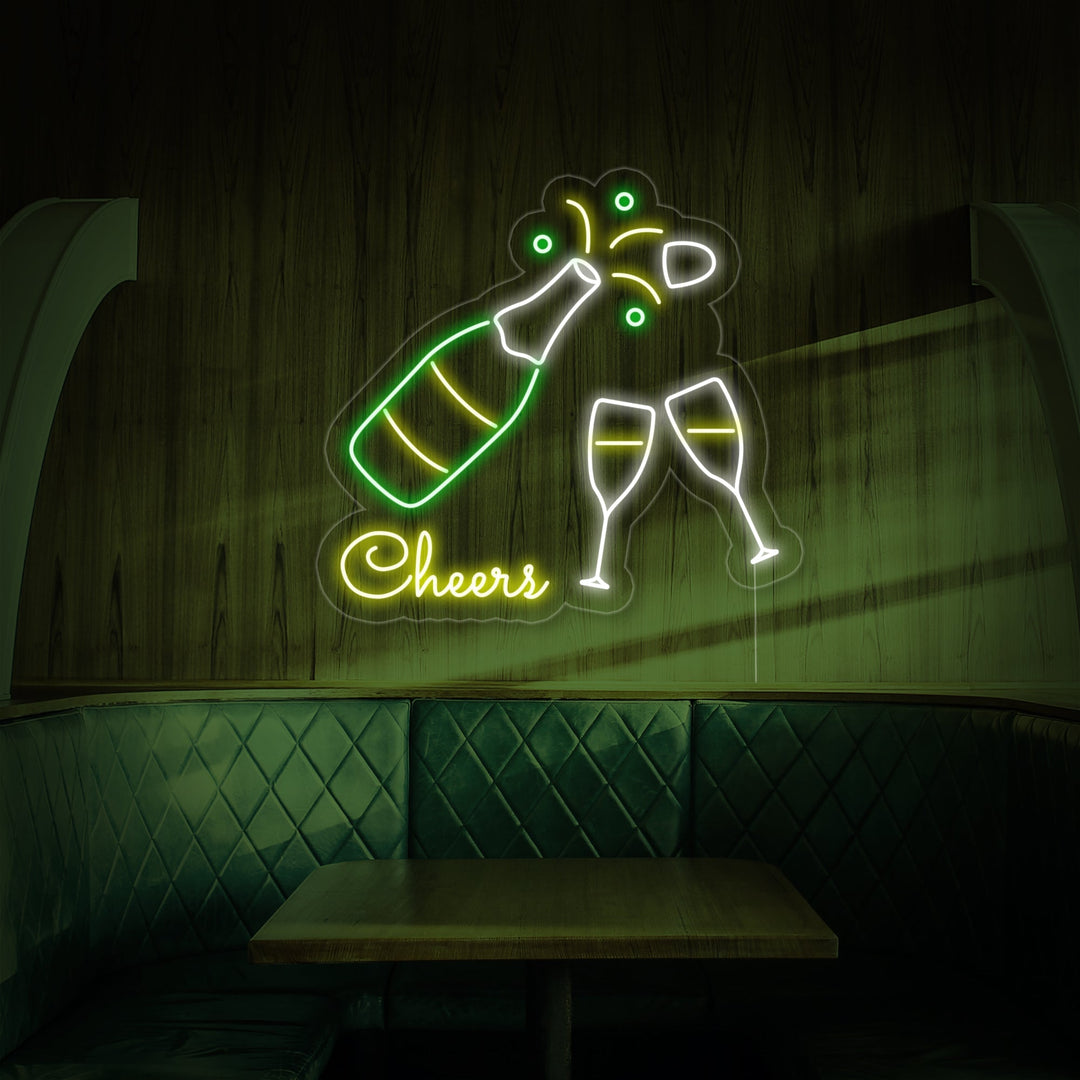 "Champagneflaske, Champagneglass, Cheers" Neonskilt