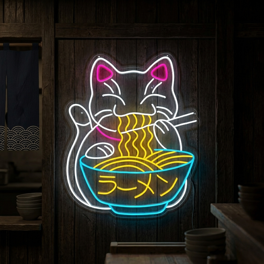 "Lykkepusekatt Spiser Ramen Og Japanske Nudler" Neonskilt
