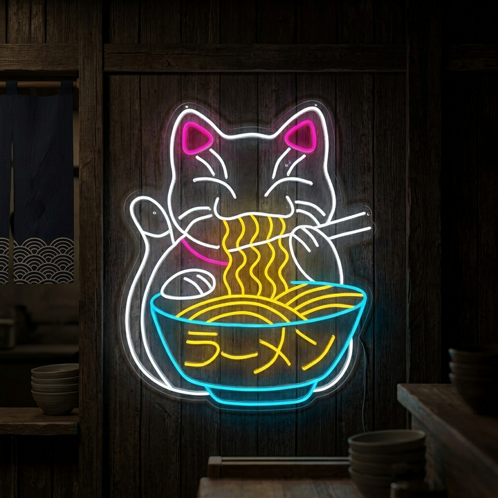 "Lykkepusekatt Spiser Ramen Og Japanske Nudler" Neonskilt
