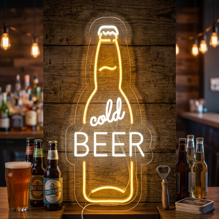 "Cold Beer Ølflaske Bar" Neonskilt