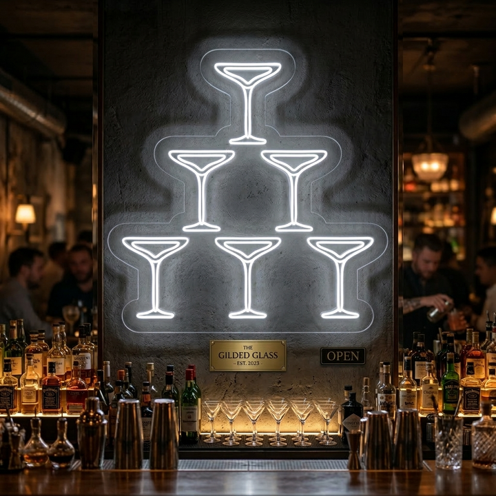 "Champagneglass, Pyramide, Bar" Neonskilt