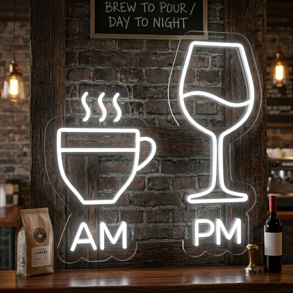 "AM, PM, Kaffekopper, Vinglass, Bar" Neonskilt
