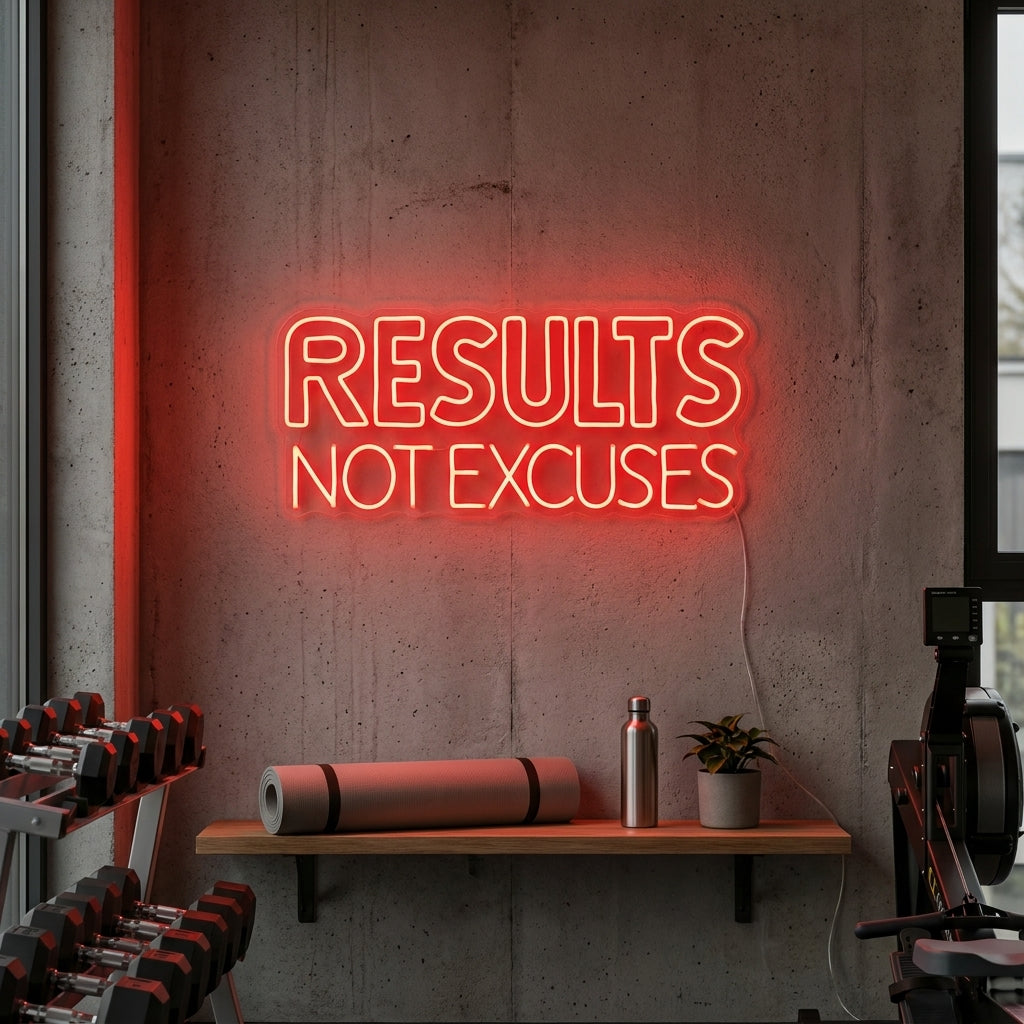 "Results Not Excuses, Gymdekor, Gym Sitater, Fitness Sitater, Treningssitater" Neonskilt