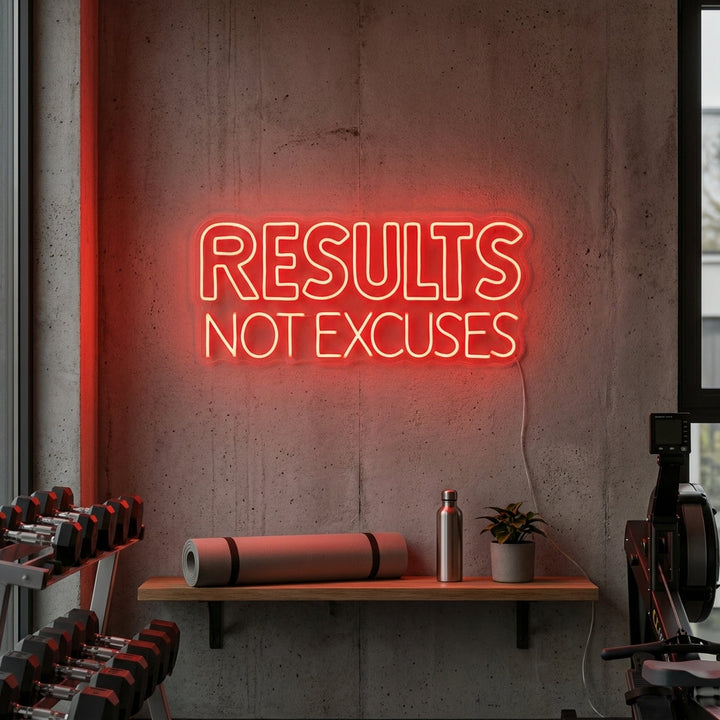 "Results Not Excuses, Gymdekor, Gym Sitater, Fitness Sitater, Treningssitater" Neonskilt