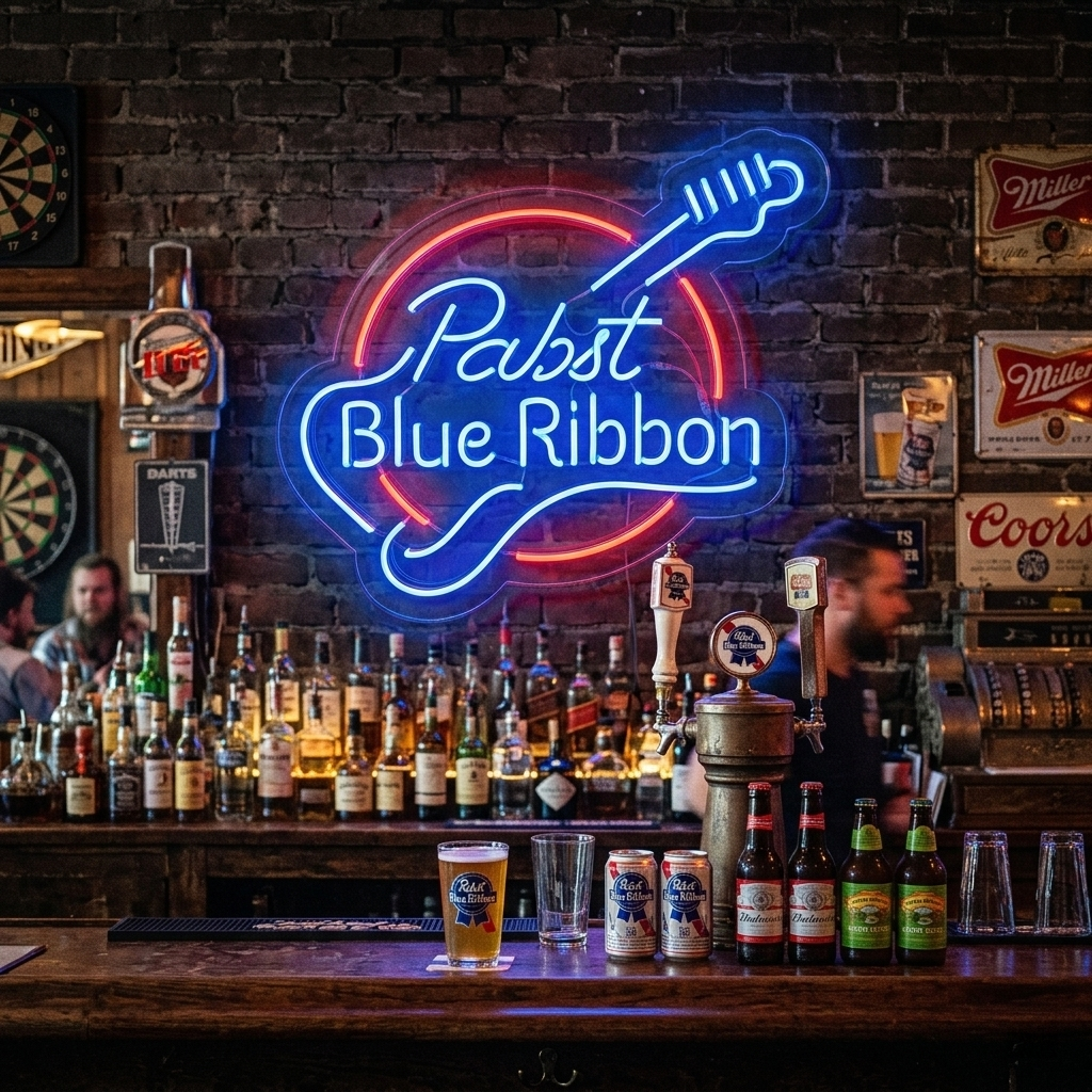 "Pabst Blue Ribbon, Gitar" Neonskilt