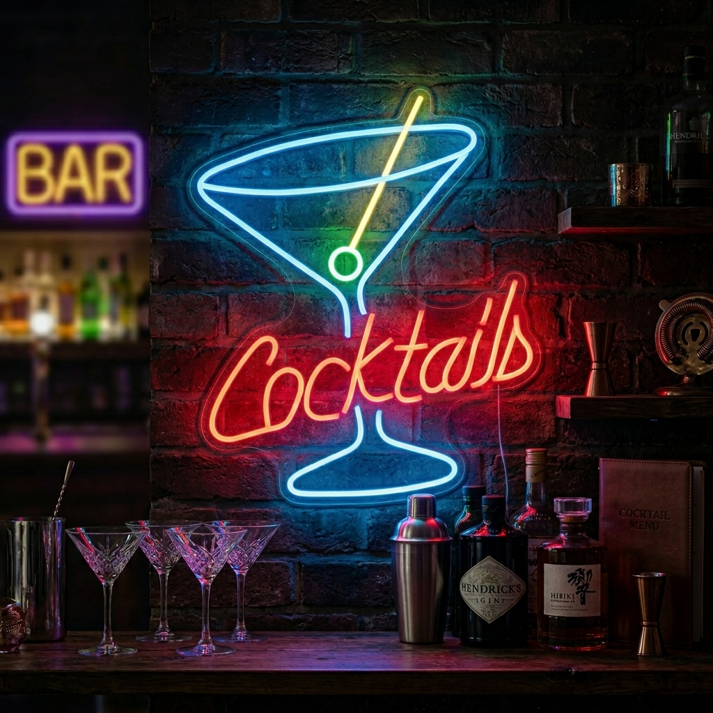 "Cocktails, Martini Glass, Øl" Neonskilt