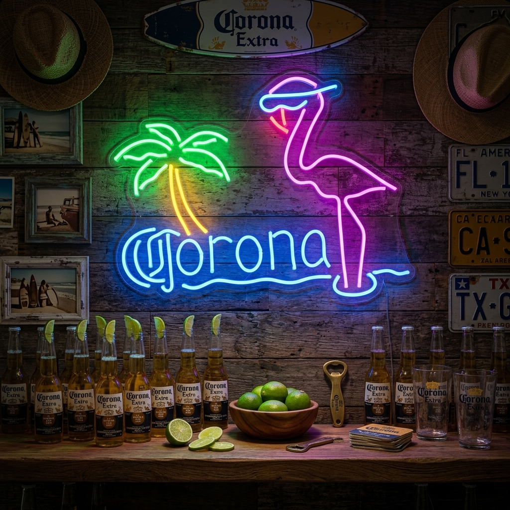 "Rosa Flamingo Palme Ølbar" Neonskilt