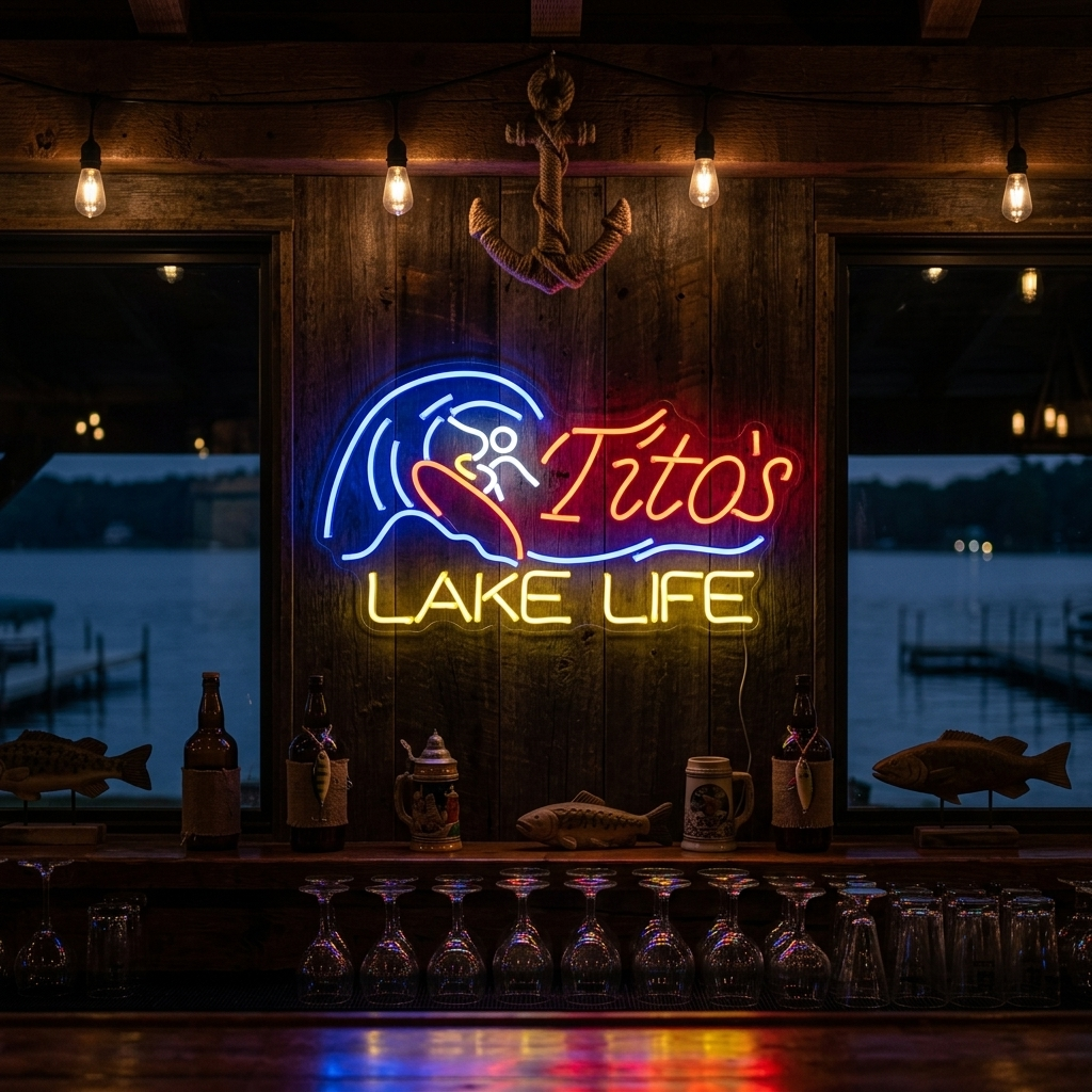 "Titos Lake Life Ølbar" Neonskilt