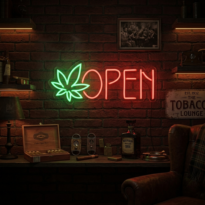 "open, dispensary, marihøyeblad" Neonskilt