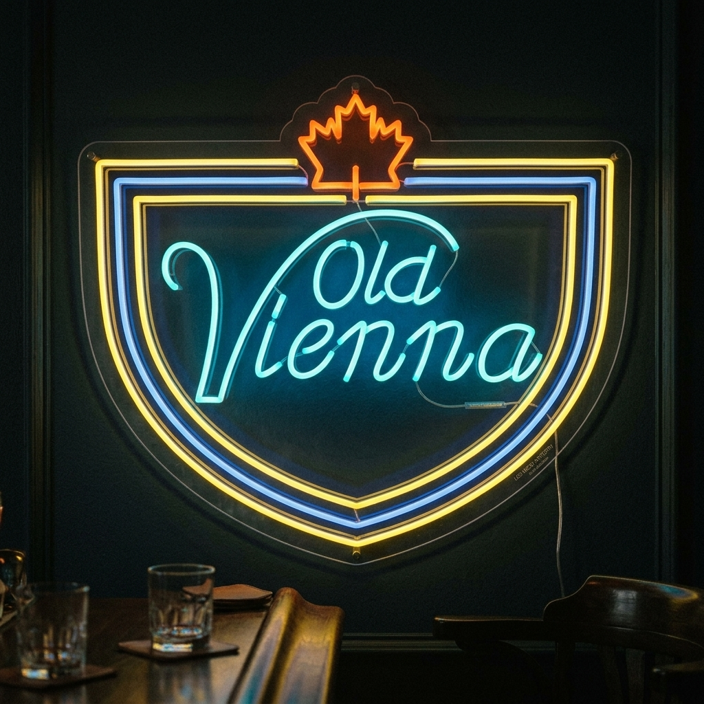 "lagerøl, flott kanadisk øl, Old Vienna" Neonskilt