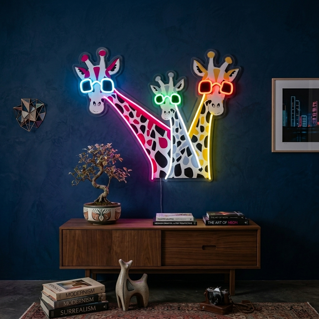 "Morsomme sjiraffer med solbriller" UV-trykt LED-neonskilt