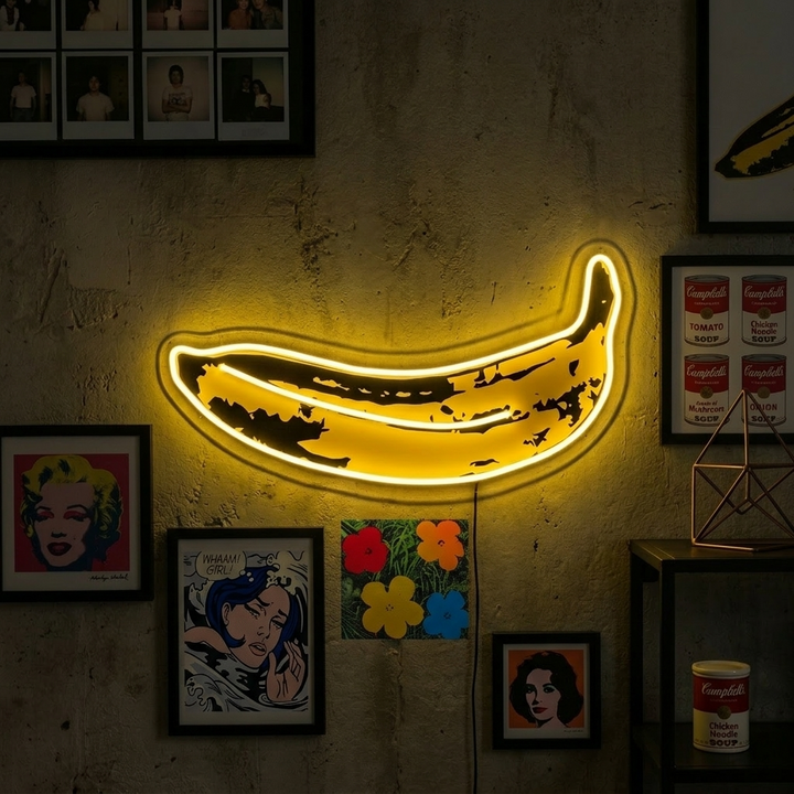 "Popkunst banan, berømt kunstners maleri" UV-trykt LED-neonskilt