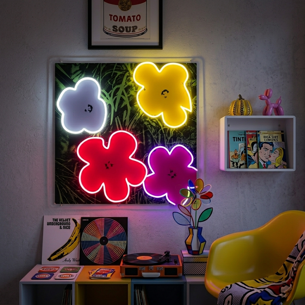 "Popkunst i blomst, berømte kunstnerblomster" UV-trykt LED-neonskilt