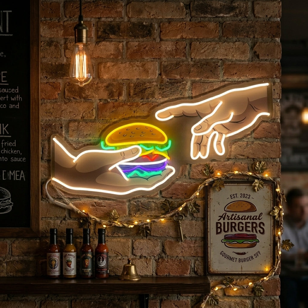 "hender med burger" Neonskilt