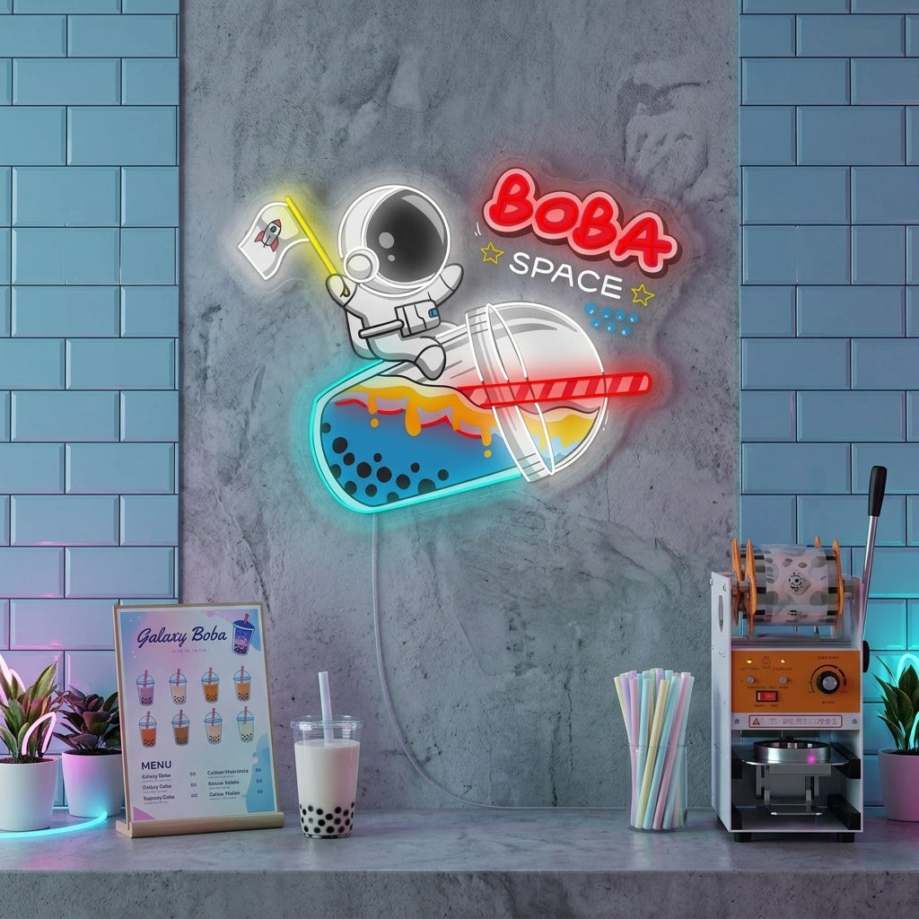 "Astronaut nipper til Boba Tea" Neonskilt