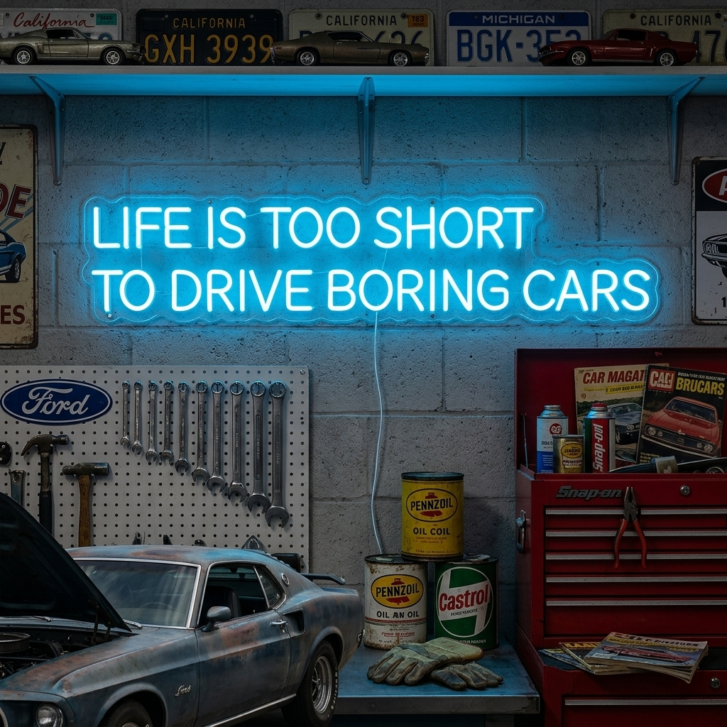 "Life Is Too Short To Drive Boring Cars" Neonskilt
