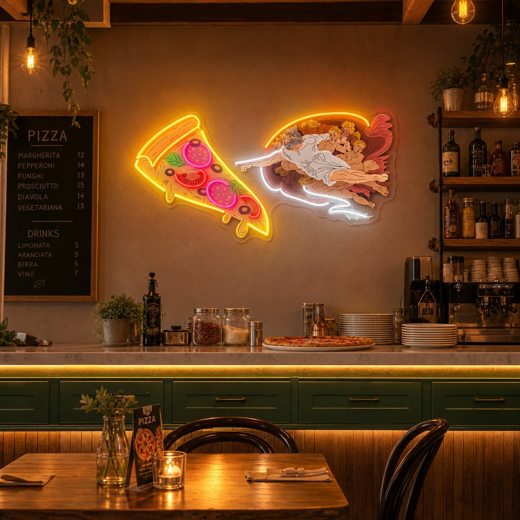 "Adam God Made Pizza, Fast Food Advertising, Restaurant Logo" UV-trykt LED-neonskilt