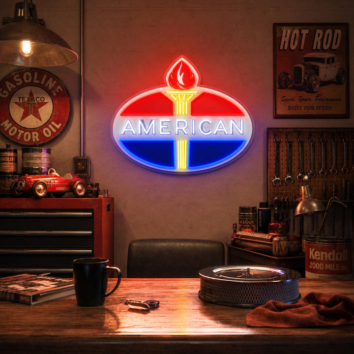 "Amerikansk bensinlogo" UV-trykt LED-neonskilt