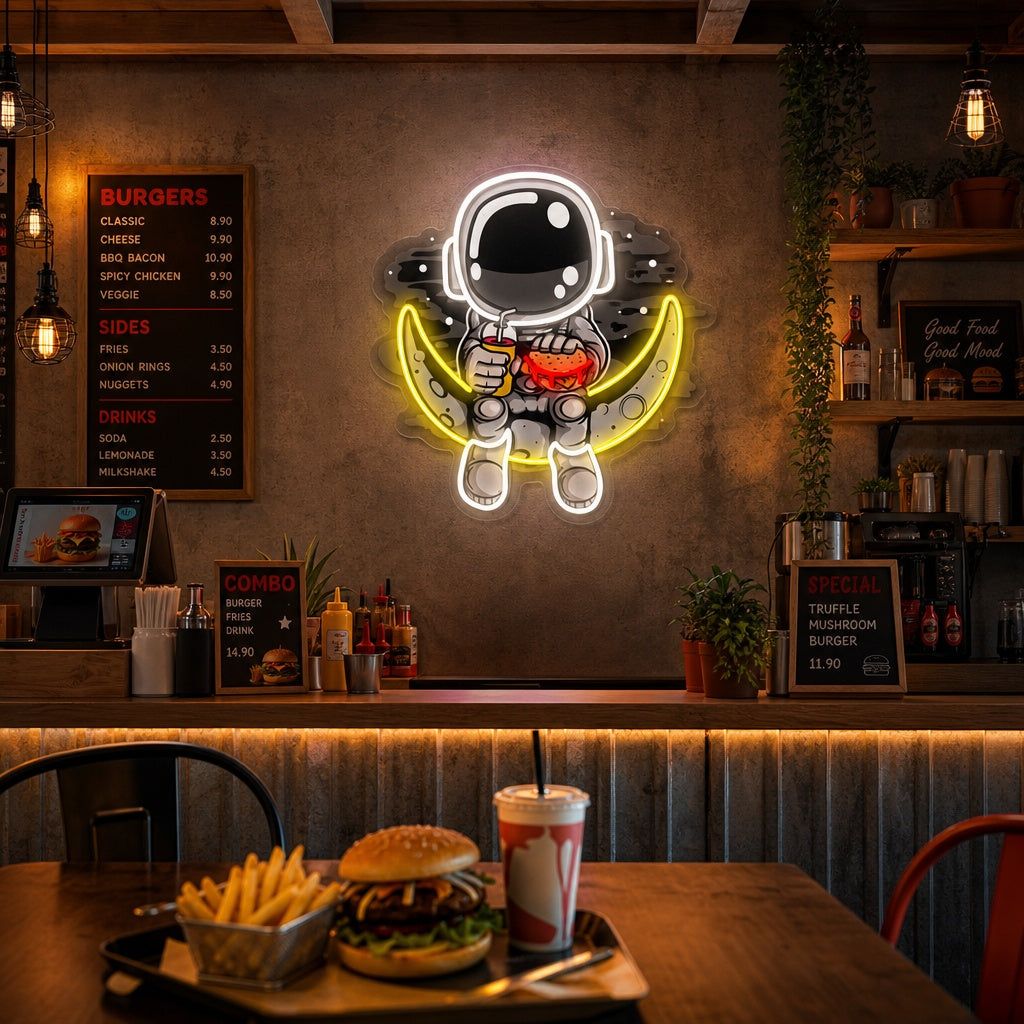 "Astronaut Moon Burger, fastfood -logo" UV-trykt LED-neonskilt