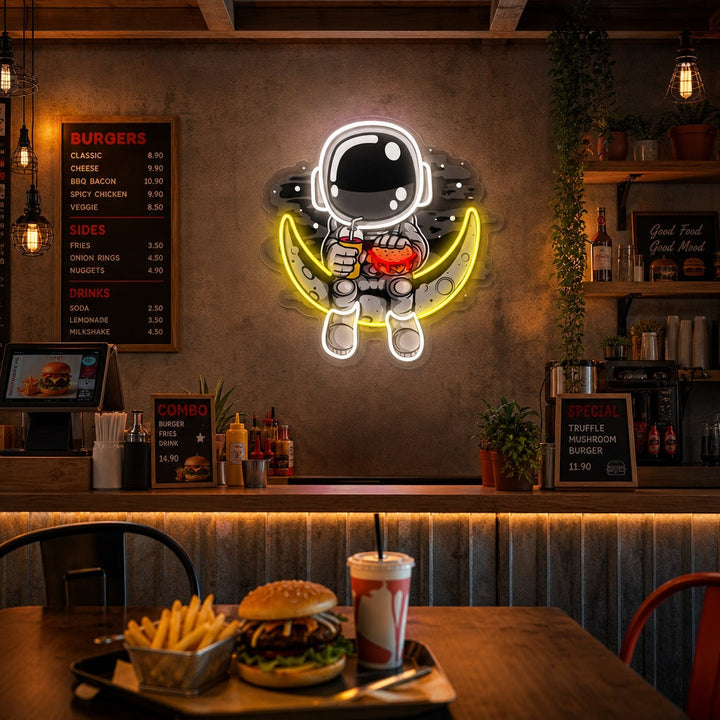 "Astronaut Moon Burger, fastfood -logo" UV-trykt LED-neonskilt