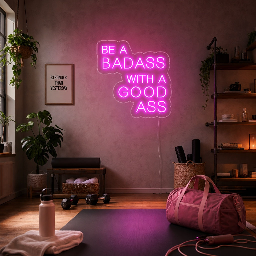 "Be A Bad Ass With A Good Ass, Innredning Til Treningsstudio, Sitater Fra Treningsstudio, Fitness-Sitater, Treningssitater" Neonskilt