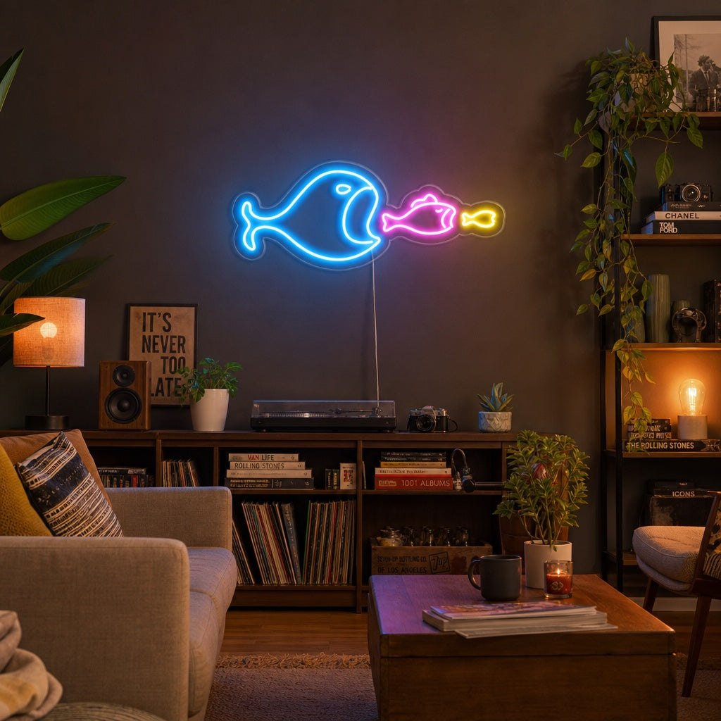 "Stor Fisk Spiser Liten Fisk" Neonskilt