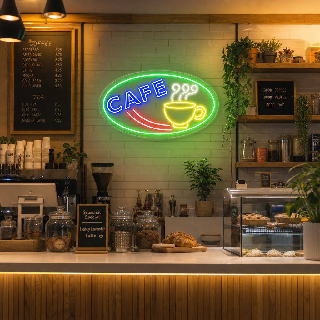 "cooffee, kaffekopp" Neonskilt