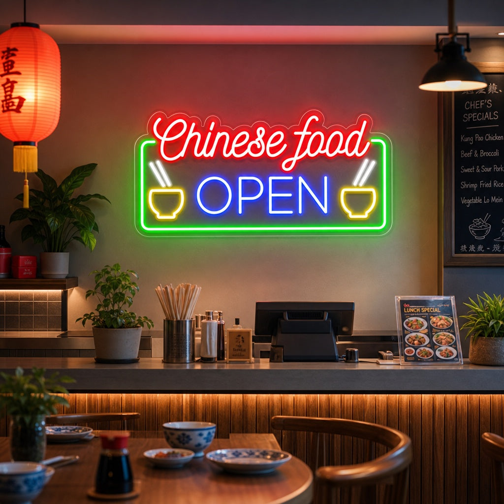 "Chinese Food Open" Neonskilt