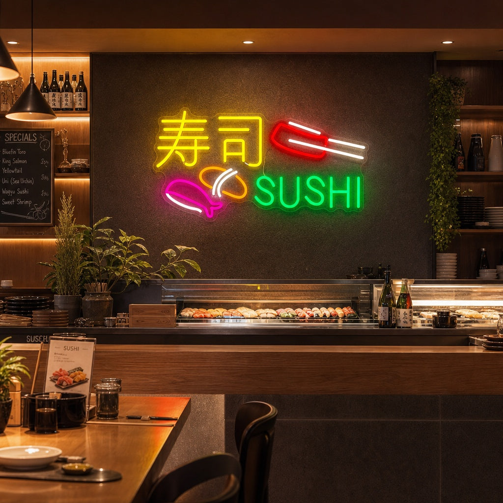 Sushi og sashimi Neonskilt, Japansk restaurantinnredning