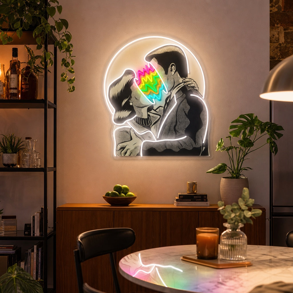 "Fargeelskere, kyssing par" UV-trykt LED-neonskilt