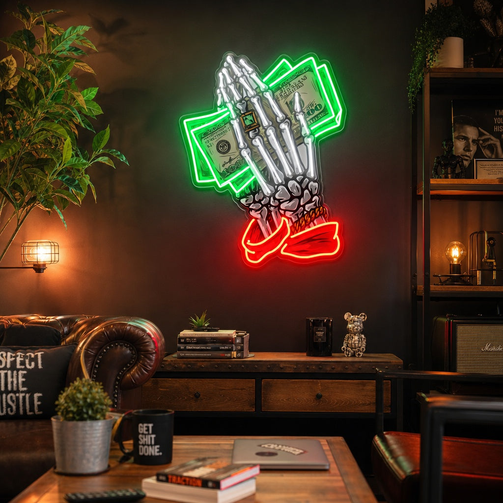 "Fargerike penger med skjeletthender som holder dollarsregninger" UV-trykt LED-neonskilt