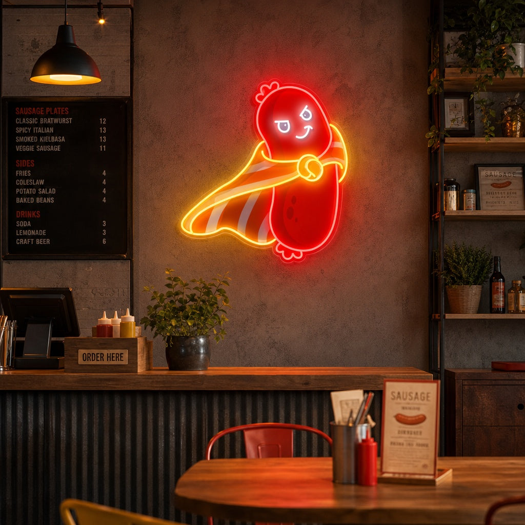 "Søt pølse superhelt, mat, restaurant" UV-trykt LED-neonskilt