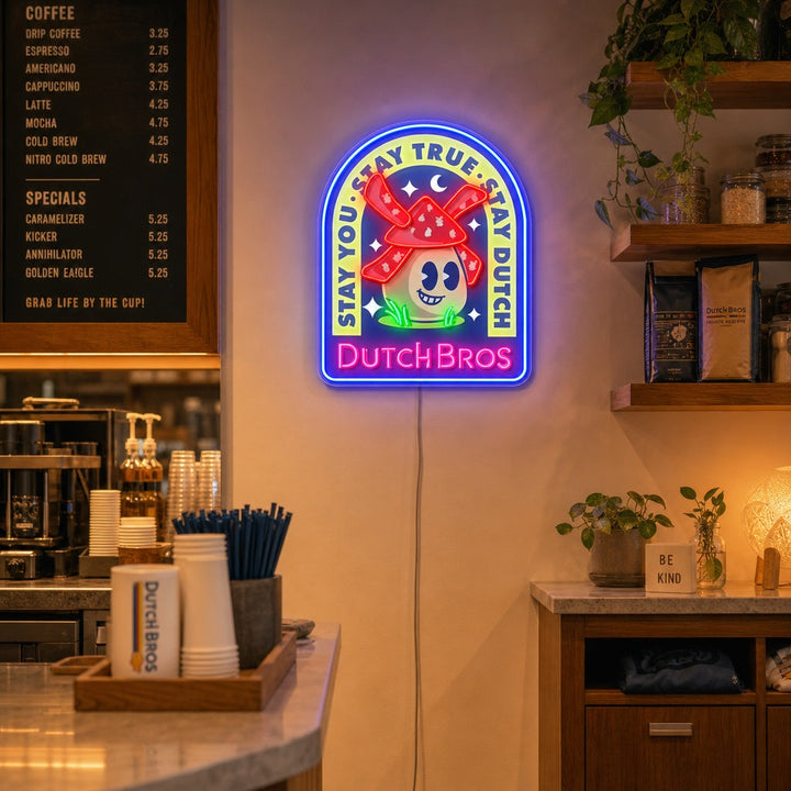 "Dutch Coffee, vindmøller" UV-trykt LED-neonskilt