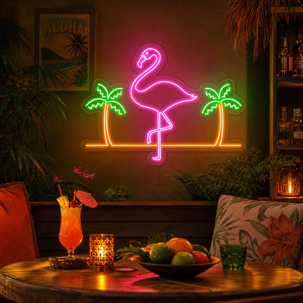 "Flamingo, Palmetrær, Bar" Neonskilt