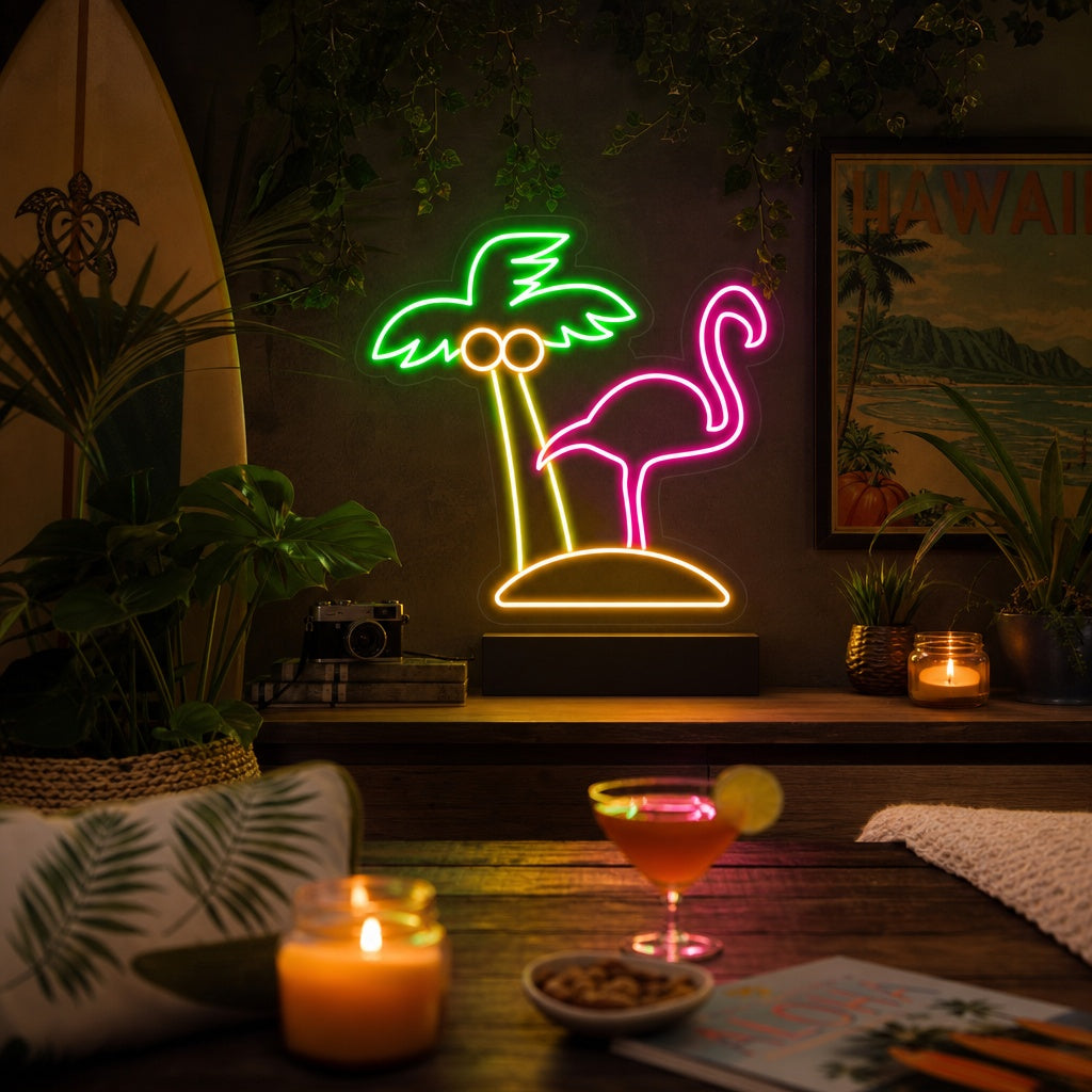 "Flamingo, Palmetre, Strand" Neonskilt