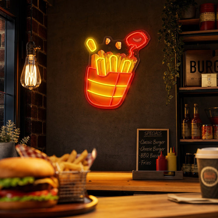 "Pommes frites med chilisaus, hurtigmat" UV-trykt LED-neonskilt