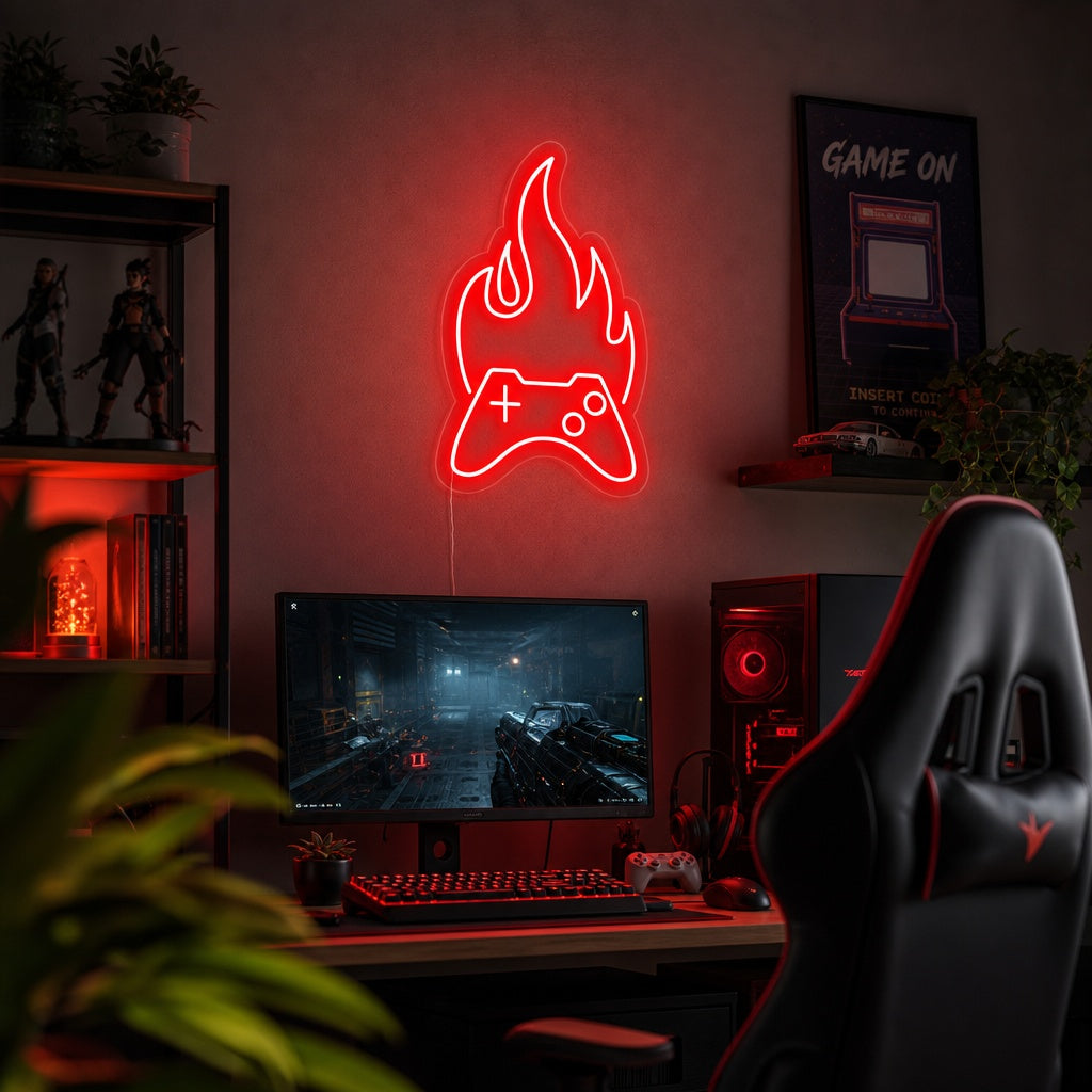 "Spillkontroller, Ild, Gamer Dekor" Neonskilt