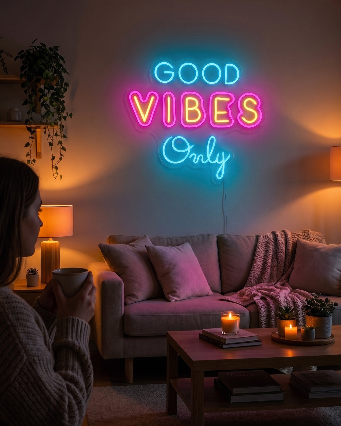 Et fargerikt neonskilt med teksten «Good Vibes Only» i en lun stue.