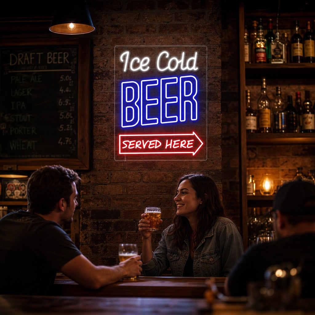 "Ice Cold Beer Served Here Bar" Neonskilt