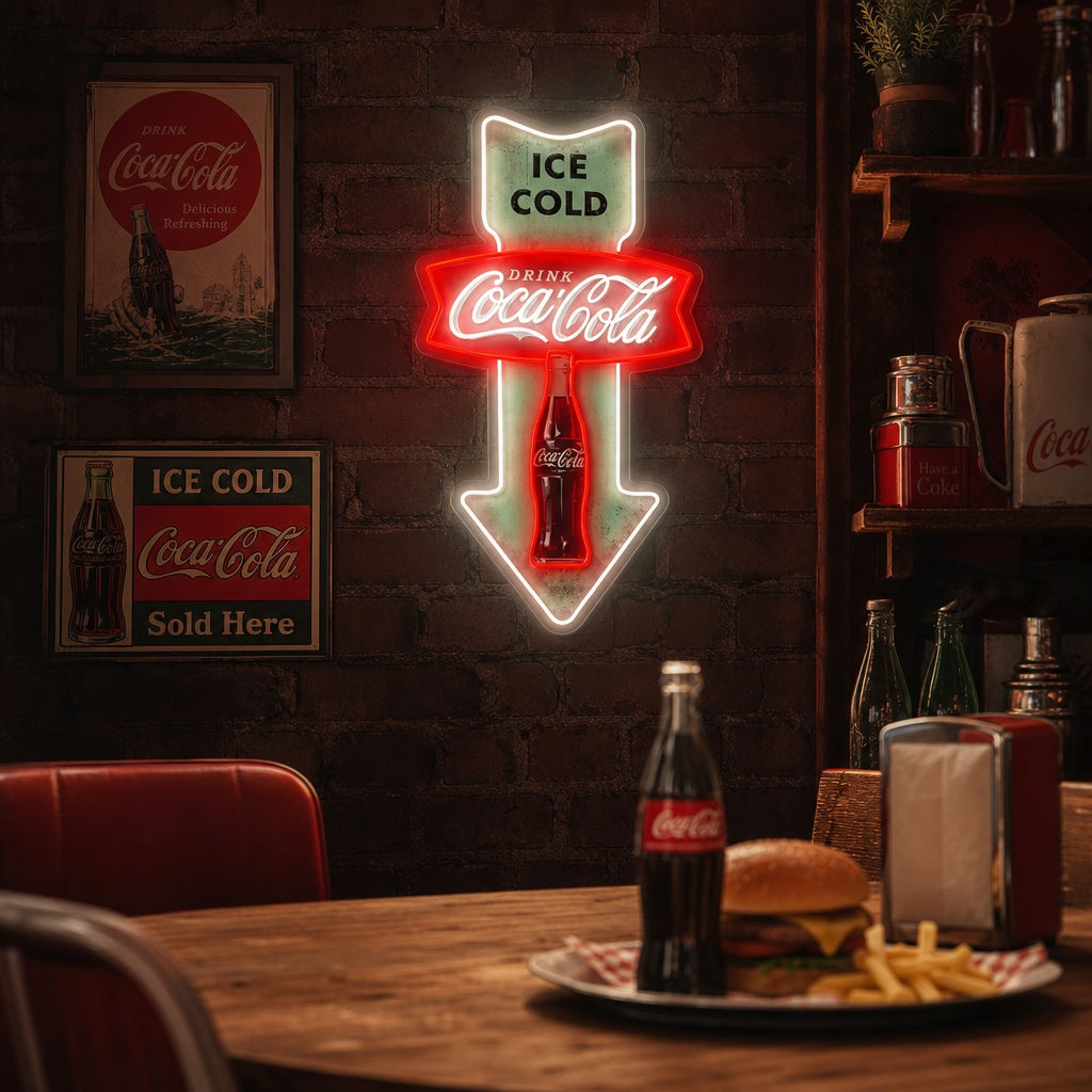 "Ice Cold Coca Cola, Vintage Diner Arrow" UV-trykt LED-neonskilt