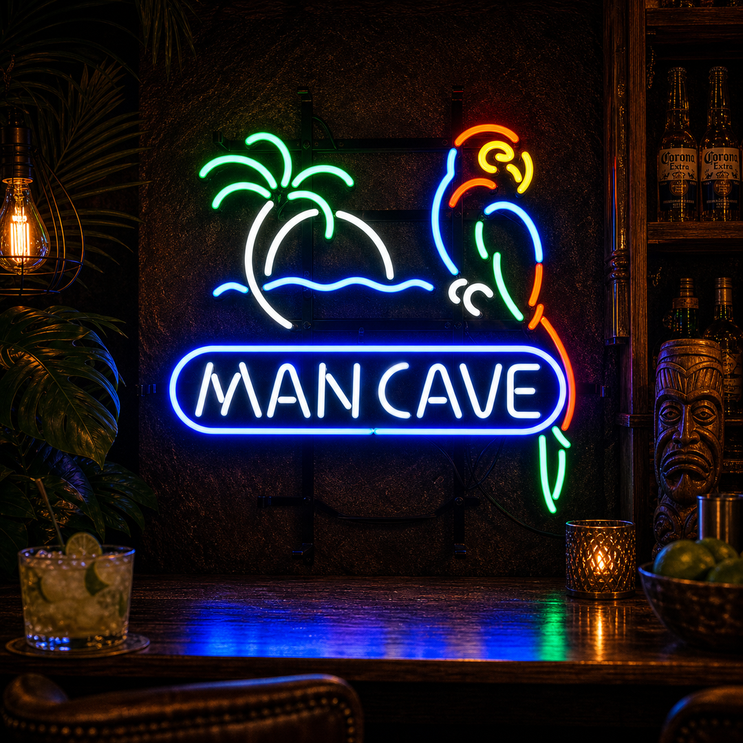 "Man Cave, Papegøye" Neonskilt