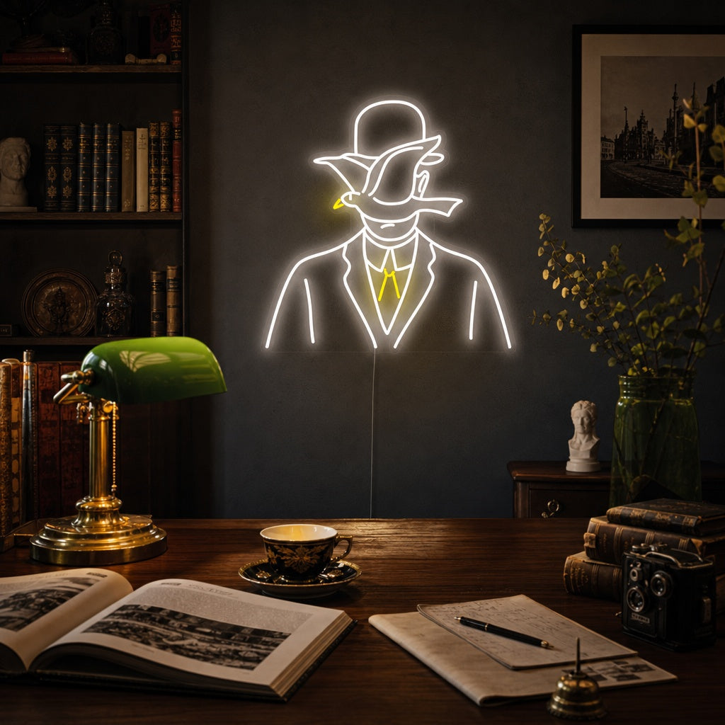 "Mann I Bowlerhatt Rene Magritte" Neonskilt