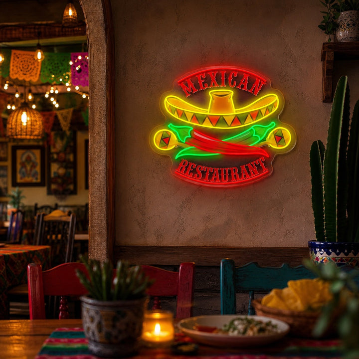 "Meksikansk restaurant Sombrero Maracas Pepper" UV-trykt LED-neonskilt