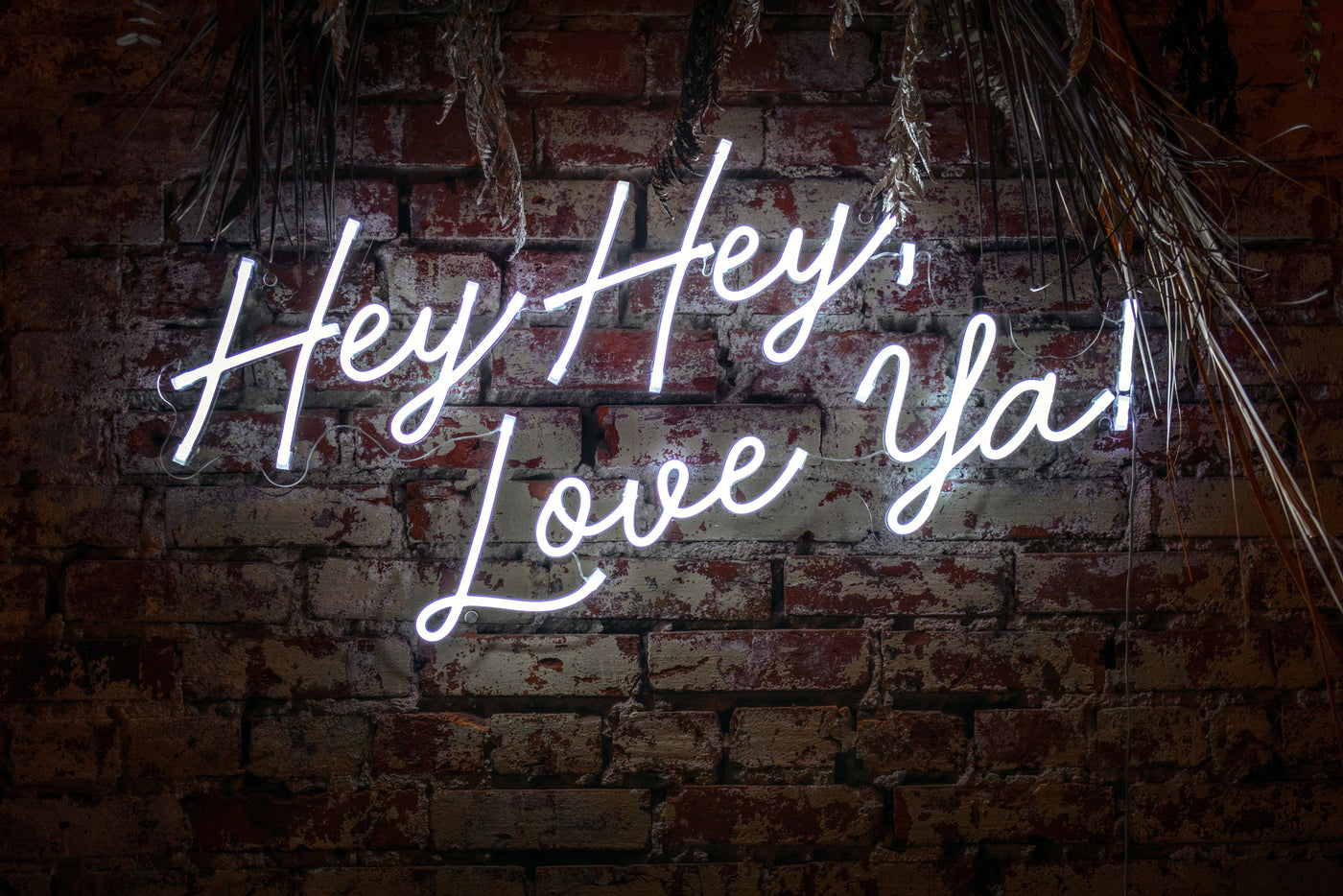 Et hvitt neonskilt med teksten «Hey Hey, Love Ya!» på en murvegg.