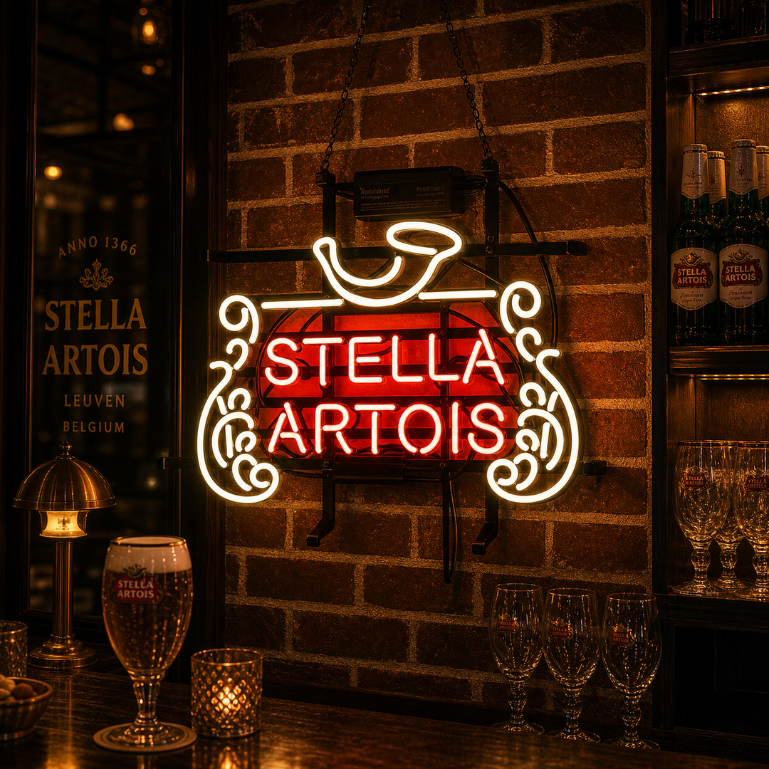 "New Stella Artois Belgian Lager" Neonskilt