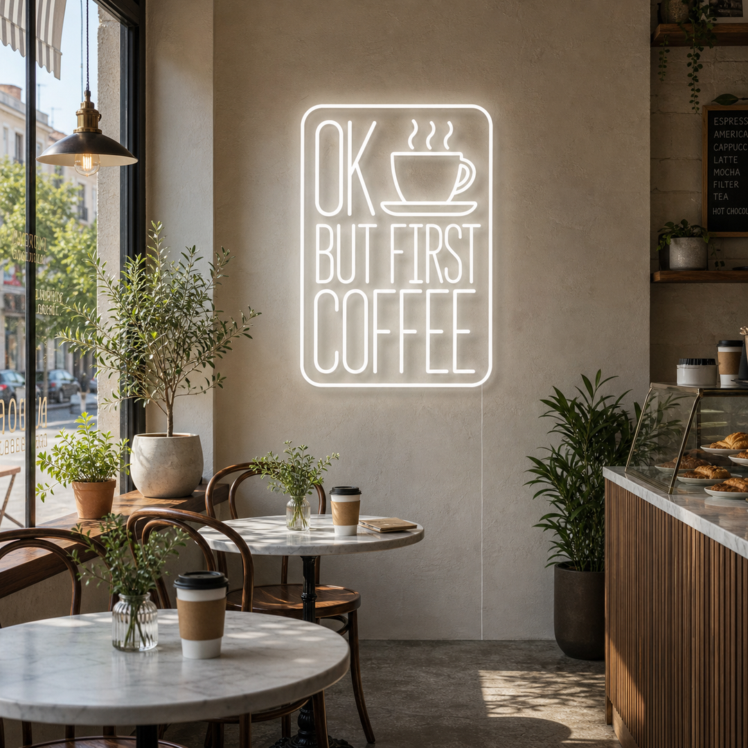 "Ok But First Coffee" Neonskilt